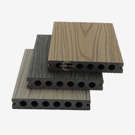 Venatura del legno 3D Goffratura Decking composito in WPC Foro rotondo Decking decorativo in WPC Colore teak Pavimentazione in WPC coestrusione per passerella
